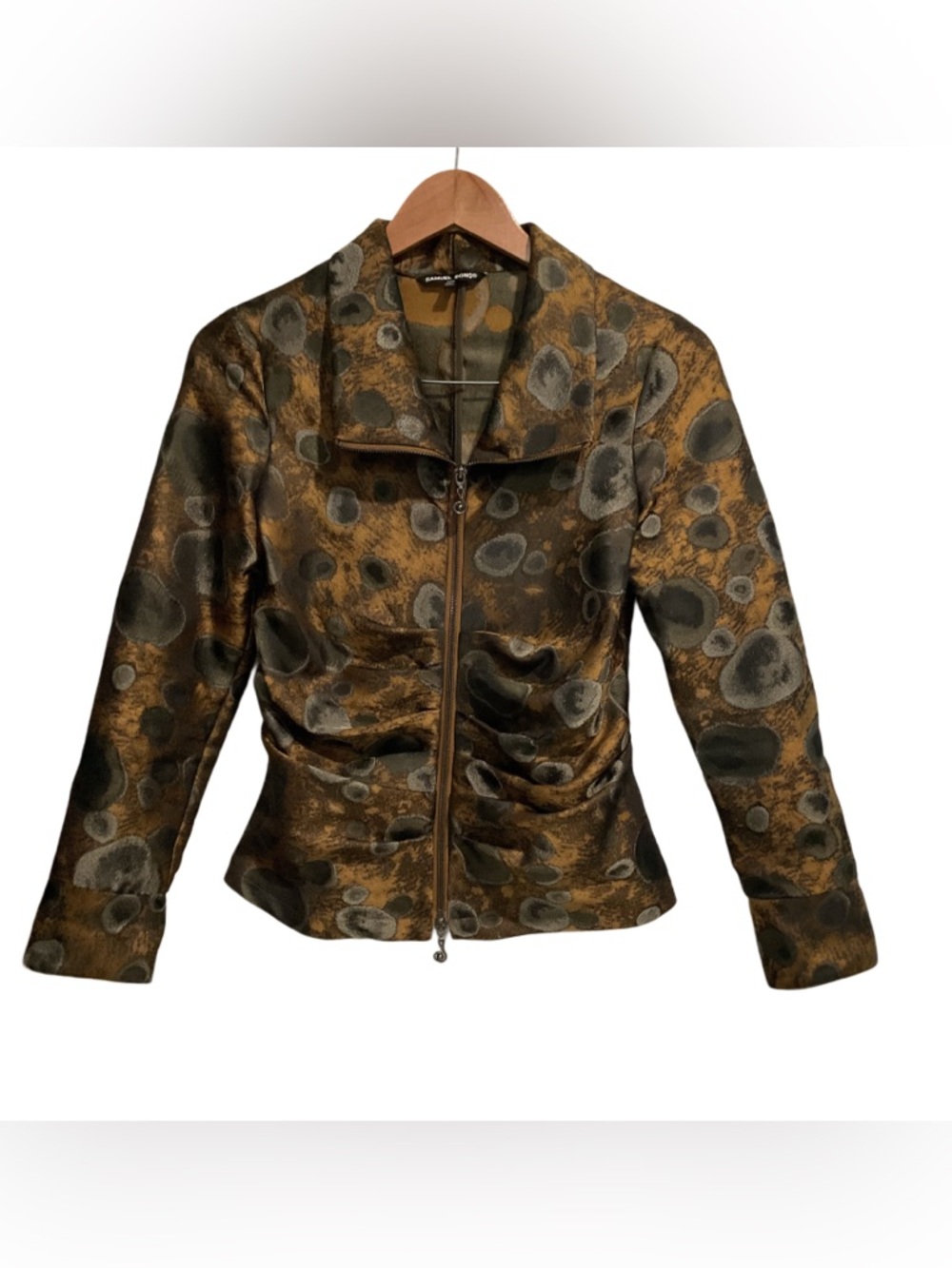 Samuel Dong Ruched Zip Front Jacket Rock Art Print Brown Gray‎